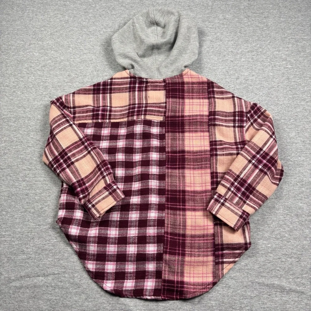 Justice Girls Long Sleeve Pink & Maroon Plaid Flannel Shirt W/Hood Size XS (5/6)